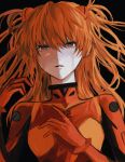  1girl black_background brown_eyes collarbone covered_collarbone crying crying_with_eyes_open hair_between_eyes hand_on_own_chest highres long_hair neon_genesis_evangelion noroma02 orange_hair parted_lips plugsuit simple_background solo souryuu_asuka_langley tears turtleneck twintails upper_body 