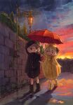  &gt;o&lt; 2girls bird blush_stickers character_request closed_eyes closed_mouth copyright_request highres holding holding_umbrella lamppost leoleonardk10 multiple_girls open_mouth outdoors rain rain_boots raincoat sky sunset umbrella 