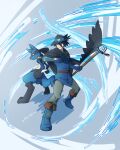  1boy black_hair black_headwear blue_eyes blue_footwear blue_gloves blue_tunic boots closed_mouth commentary energy gloves hat highres holding holding_staff lucario male_focus pants pkpokopoko3 pokemon pokemon_(anime) pokemon_(creature) pokemon_m08 pokemon_rse_(anime) short_hair sir_aaron smile spiky_hair staff standing 