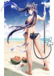  1girl ass bangs barefoot beach bikini black_bikini black_hair blue_sky blunt_bangs blush breasts closed_mouth clouds commentary_request day demon_girl demon_horns demon_tail expressionless food fruit full_body highres holding holding_staff horizon horns kojo_anna long_hair looking_at_viewer looking_back medium_breasts multicolored_hair ocean outdoors pillarboxed pointy_ears purple_hair sand sky solo sone_(cortisone) staff standing sugar_lyric suikawari swimsuit tail twintails two-tone_hair very_long_hair virtual_youtuber water watermelon yellow_eyes 