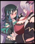  2girls @_@ bangs belt beltbra between_breasts black_border black_gloves black_hair black_jacket black_skirt black_sleeves blue_belt blue_hair blush border breast_envy breasts chest_belt closed_mouth clothing_cutout commentary_request cropped_jacket cross-laced_sleeves demon_girl demon_horns detached_sleeves fang flat_chest gloves gradient_hair grey_hair grey_skirt highleg highleg_panties highres honey_strap horns huge_breasts jacket k_waremono layered_skirt long_hair long_sleeves looking_at_another looking_at_breasts midriff multicolored_hair multiple_girls navel necktie necktie_between_breasts nose_blush open_clothes open_jacket open_mouth open_vest panties partially_fingerless_gloves pink_hair pointy_ears purple_background red_eyes red_necktie shishio_chris shoulder_cutout simple_background skirt smile sugar_lyric suou_patra sweatdrop two-tone_hair underwear vest virtual_youtuber white_vest zipper_skirt 