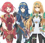  bangs black_gloves blonde_hair breasts chest_jewel dress earrings elbow_gloves fingerless_gloves fire_emblem fire_emblem_awakening gloves highres jewelry large_breasts long_hair lucina_(fire_emblem) mythra_(xenoblade) pantyhose pyra_(xenoblade) red_eyes red_legwear red_shorts redhead short_dress short_hair short_shorts shorts super_smash_bros. swept_bangs thigh-highs tiara very_long_hair white_dress white_gloves xenoblade_chronicles_(series) xenoblade_chronicles_2 yellow_eyes zyuuyon 