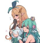  2girls absurdres bangs blonde_hair bow breast_grab breasts butterfly_hair_ornament commentary crown finana_ryugu flower grabbing green_bow green_hair green_hairband green_skirt hair_behind_ear hair_bow hair_flower hair_ornament hairband head_fins head_tilt high-waist_skirt highres licking_lips lyrinne multiple_girls nijisanji nijisanji_en pointy_ears pomu_rainpuff purple_flower seashell shell skirt small_breasts smile symbol-only_commentary tongue tongue_out v-shaped_eyebrows violet_eyes virtual_youtuber wrist_cuffs 