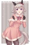  1girl :d animal_ears argyle argyle_legwear bangs black_gloves black_hairband bow capelet curren_chan_(umamusume) dress e20 ear_bow eyebrows_visible_through_hair fur-trimmed_capelet fur-trimmed_dress fur-trimmed_sleeves fur_trim gloves grey_hair hair_between_eyes hairband hands_up highres horse_ears horse_girl horse_tail pantyhose pink_capelet pink_dress red_bow smile snowing solo standing striped striped_background tail umamusume vertical_stripes violet_eyes 