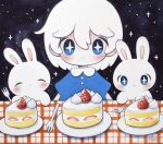  +_+ 1girl blue_dress blue_eyes bright_pupils cake dated dress expressionless food fork fruit highres looking_at_viewer original plate rabbit short_sleeves signature sparkle strawberry strawberry_shortcake white_pupils zukky000 