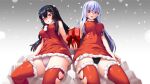  2girls :o arata bangs black_hair black_panties check_commentary clothing_cutout commentary commentary_request covered_nipples crotch_seam dress fur-trimmed_dress fur-trimmed_legwear fur_trim genderswap genderswap_(mtf) gift grey_panties halterneck hand_on_own_thigh heart_cutout highres holding holding_gift long_hair microdress multiple_girls open_mouth original panties pantyshot red_eyes red_legwear ren_(witch&#039;s_weapon) santa_dress side-by-side sitting smile snowing thigh-highs underwear 
