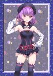  1girl absurdres bare_shoulders black_legwear breasts detached_collar fate/grand_order fate_(series) hand_on_hip hat helena_blavatsky_(fate) highres looking_at_viewer notus_23 purple_hair short_hair small_breasts smile solo strapless thigh-highs violet_eyes 