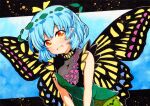  1girl :d bangs blue_background blue_hair butterfly_wings dress eternity_larva gradient gradient_background gradient_eyes green_dress leaf leaning_forward looking_at_viewer multicolored_eyes open_mouth pointy_ears qqqrinkappp short_hair smile solo touhou traditional_media upper_body v_arms wings yellow_eyes 