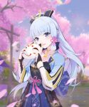  1girl :d absurdres armor bangs blue_eyes blue_hair blue_sky blurry blurry_background cherry_blossoms delusion_god fox_mask genshin_impact highres holding holding_mask japanese_armor japanese_clothes kamisato_ayaka long_hair looking_at_viewer mask open_mouth outdoors ponytail short_sleeves sky smile tree 