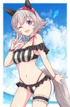  1girl ;d animal_ears bangs bare_arms bare_shoulders bikini black_hairband bow bracelet breasts curren_chan_(umamusume) day e20 ear_bow eyebrows_visible_through_hair frilled_bikini frills grey_hair hairband hand_up highleg highleg_bikini highres horizon horse_ears horse_girl horse_tail jewelry layered_bikini looking_at_viewer medium_breasts navel ocean one_eye_closed red_bow smile solo striped striped_bikini swimsuit tail umamusume vertical-striped_bikini vertical_stripes violet_eyes w water 