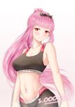  1girl absurdres alternate_hairstyle bangs blush breasts eyebrows_visible_through_hair highres hololive hololive_english long_hair looking_at_viewer midriff mori_calliope pink_hair ponytail red_eyes simple_background smile solo sports_bra sportswear tiara very_long_hair virtual_youtuber white_background yoru_flush 