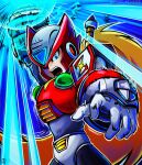  1boy android angry arm_cannon armor blonde_hair blue_eyes fangs gloves helmet highres long_hair looking_at_viewer male_focus mega_man_(series) mega_man_x_(series) open_mouth ponytail robot solo stoic_seraphim twitter_username weapon zero_(mega_man) 