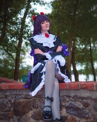 cosplay flower_hairband frilled_dress frilled_sleeves frills gokou_ruri konelli maid maid_headdress mary_janes ore_no_imouto_ga_konna_ni_kawaii_wake_ga_nai photo_(medium) purple_dress purple_hair red_eyes sheer_legwear thigh-highs