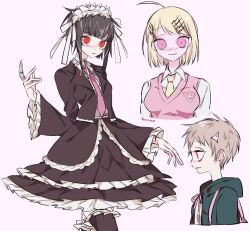  3girls akamatsu_kaede alternate_hair_length alternate_hairstyle artist_name black_jacket black_skirt blonde_hair blunt_bangs blush breasts brown_hair celestia_ludenberg closed_mouth collared_shirt commentary cropped_arms cropped_shoulders cropped_torso danganronpa:_trigger_happy_havoc danganronpa_(series) danganronpa_2:_goodbye_despair danganronpa_v3:_killing_harmony english_commentary frilled_skirt frilled_sleeves frills from_side gothic_lolita green_jacket hair_ornament hair_ribbon hood hood_down hooded_jacket jacket lolita_fashion long_sleeves multiple_girls musical_note musical_note_hair_ornament nanami_chiaki neck_ribbon necktie open_clothes open_jacket pink_eyes pink_necktie pink_ribbon pink_vest pixie_cut purrissu red_eyes ribbon shirt short_hair sidelocks simple_background skirt smile third-party_source very_short_hair vest white_background white_headdress white_ribbon white_shirt yellow_necktie 