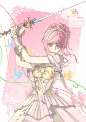  1girl absurdres armor bare_shoulders border breastplate character_name chenlanbulan_slan chinese_commentary commentary_request covered_mouth cowboy_shot dress earrings english_text envelope expressionless feather-trimmed_dress feather_earrings feathers flower frilled_arm_warmers hair_bun highres holding holding_sword holding_weapon infinity_nikki jewelry letter light_particles melody_bloom_(infinity_nikki) nikki_(nikki) nikki_(series) off-shoulder_dress off_shoulder origami outside_border paper_crane pink_background pink_flower pink_hair pink_rose pleated_dress rapier rose short_hair_with_long_locks short_sleeves sidelocks single_hair_bun solo sparkle sword tiara updo wavy_hair wax_seal weapon white_arm_warmers white_border white_dress 
