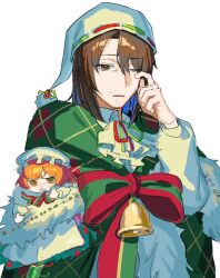  1boy 1girl bell bow bowtie brown_eyes brown_hair bus_gen094 christmas_nightmare_(e.g.o) e.g.o_(project_moon) green_eyes gregor_(project_moon) hand_up hat ishmael_(project_moon) limbus_company long_sleeves looking_at_viewer mini_person minigirl mob_cap neck_ribbon nightcap one_eye_closed orange_hair plaid_clothes plaid_shawl project_moon ribbon shawl shirt striped_bow striped_bowtie striped_clothes white_hat white_shirt 