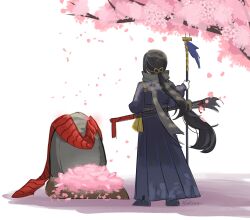  1girl artist_name black_coat black_hair black_shoes cherry_blossoms chinese_clothes coat commentary english_commentary falling_petals from_behind full_body grave grey_scarf hair_ribbon highres holding holding_polearm holding_weapon katana limbus_company long_coat long_hair low_ponytail natsoo_(natsoomeee) petals pink_petals polearm ponytail project_moon red_sash ribbon ryoshu_(project_moon) sash scarf sheath sheathed shoes solo standing sword tombstone tree weapon 