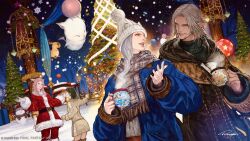  animal_ears beanie cat_ears chocobo christmas christmas_ornaments christmas_tree coat cup elezen elf final_fantasy final_fantasy_xiv fur_trim grey_hair hat highres hyur miqo'te moenbryda_wilfsunnwyn moogle mug official_art pointy_ears santa_costume scarf smile snow snowing snowman urianger_augurelt winter_clothes winter_coat 