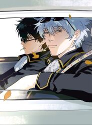  2boys arm_rest ascot black_hair black_jacket car cigarette collared_jacket commentary eyewear_on_head falling_leaves gintama hair_between_eyes highres hijikata_toushirou jacket leaf looking_at_viewer looking_to_the_side male_focus motor_vehicle multiple_boys parted_hair sakata_gintoki shinsengumi_(gintama) short_hair sideways_glance sitting sleeve_cuffs sunglasses symbol-only_commentary white_ascot white_hair wing_collar yellow_trim zhiyunrx 