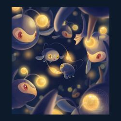  absurdres animal_focus antennae chinchou colored_sclera cross-shaped_pupils evolutionary_line fish fuju1012 highres lanturn no_humans open_mouth pokemon pokemon_(creature) pokemon_focus smile symbol-shaped_pupils underwater yellow_sclera 