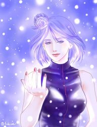  1girl blue_eyes blue_hair breasts commentary_request flower hair_bun hair_flower hair_ornament highres jacket konan_(naruto) matsu_(fu6ide2) medium_breasts medium_hair naruto_(series) naruto_shippuuden red_lips red_nails single_hair_bun sleeveless sleeveless_jacket smile solo turtleneck turtleneck_jacket twitter_username upper_body 