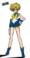  1girl bishoujo_senshi_sailor_moon blonde_hair blue_boots blue_choker blue_sailor_collar blue_skirt boots bow bowtie character_name choker circlet commentary full_body g=hikorou gloves hand_on_own_hip highres looking_at_viewer miniskirt one_eye_closed outer_senshi pleated_skirt sailor_collar sailor_senshi sailor_senshi_uniform sailor_uranus short_hair simple_background skirt solo standing ten'ou_haruka white_background white_gloves yellow_bow yellow_bowtie 