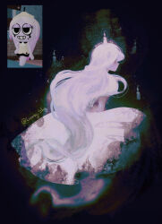  1girl bags_under_eyes black_background black_eyes candle candle_on_head commentary connie_(dandy's_world) connie_(ghastly_glow)_(dandy's_world) dandy's_world dress english_commentary from_behind full_body game_screenshot_inset ghost_tail highres humanization instagram_username limmysky long_hair looking_at_viewer looking_back medium_dress no_mouth official_alternate_color official_alternate_costume profile puffy_short_sleeves puffy_sleeves reference_inset roblox screenshot_inset short_sleeves simple_background solo very_long_hair wavy_hair white_dress white_hair 