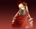  blue_eyes bonnet bow dress drill_hair flower hair_ribbon long_hair red red_dress ribbon rose rozen_maiden shinku signed simple_background solo taka_tony twintails very_long_hair wallpaper 