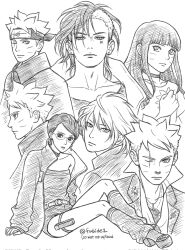  2girls 4boys asymmetrical_hair belt blunt_bangs boruto:_two_blue_vortex choker cloak commentary_request corrupted_twitter_file earrings facial_mark facial_tattoo forehead_protector glasses greyscale hatching_(texture) headband highres holster jacket jewelry kawaki_(boruto) konohagakure_symbol loose_socks matsu_(fu6ide2) mitsuki_(naruto) monochrome multiple_boys multiple_girls naruto_(series) off_shoulder one_eye_closed platform_heels romper scar scar_across_eye scar_on_face short_hair sidecut sitting socks strapless_romper stud_earrings tattoo thigh_holster uchiha_sarada undercut uzumaki_boruto uzumaki_himawari whisker_markings 