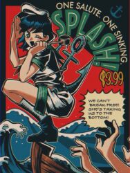  :d anchor black_hair black_shoes blush_stickers boat commentary english_commentary english_text fake_ad green_eyes hat highres holding holding_ladle ladle looking_at_viewer mememedama10 murasa_minamitsu one_eye_closed open_mouth poster_(medium) red_background sailor_hat salute shirt shoes short_hair short_sleeves shorts smile speech_bubble touhou water watercraft waves white_hat white_shirt white_shorts 