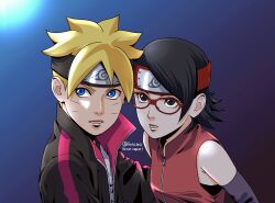  1boy 1girl arm_warmers black_duck black_eyes black_hair black_headband blonde_hair blue_background blue_eyes boruto:_naruto_next_generations commentary_request facial_mark forehead_protector glasses headband highres jewelry konohagakure_symbol matsu_(fu6ide2) naruto_(series) necklace open_mouth red-framed_eyewear red_headband twitter_username uchiha_sarada uzumaki_boruto watermark whisker_markings 