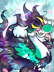 black_fur claws commentary_request dragon drampa fangs glowing glowing_eyes highres mega_drampa mega_pokemon open_mouth pink_eyes pokemon pokemon_(creature) pokemon_focus pokemon_legends:_z-a sixtytenfist tongue tongue_out