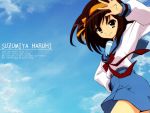  blue brown_hair hairband school_uniform short_hair suzumiya_haruhi suzumiya_haruhi_no_yuuutsu wallpaper waving 