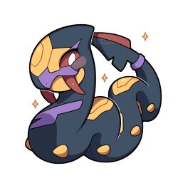  absurdres animal_focus blush colored_sclera fangs full_body highres looking_at_viewer no_humans pokemon pokemon_(creature) pokemon_focus red_eyes red_sclera sevi_(seviyummy) seviper simple_background snake solo sparkle white_background 
