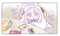  1girl animal_costume bag_of_chips blue_archive blush bow bowtie chibi chips_(food) crumbs eating ekoru feathered_wings food food_in_mouth halo holding holding_food holding_pocky looking_at_viewer low_wings mika_(blue_archive) on_pillow phone pillow pink_hair pink_halo pocky pocky_in_mouth potato_chips purple_bow purple_bowtie sidelocks solo sound_effects sparkle wings yellow_eyes 