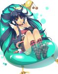  bare_shoulders bell black_hair blue_eyes candy candy_cane checkered checkered_legwear christmas earmuffs feet finger_to_mouth halo hands highres lazy_eye legs long_hair original sitting smile socks solo vofan wings 