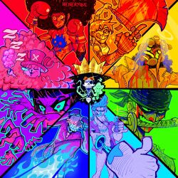  2girls 6+boys absurdres afro antlers artist_name axe bandana blood blood_on_face blue_fire blunt_bangs bottle brook_(one_piece) chest_tattoo color_wheel_challenge commentary cotton_candy cross crown extra_arms fire food franky_(one_piece) glint halo hat heneryque highres holding holding_axe holding_bottle holding_cotton_candy holding_food horns ifrit_jambe leg_hair long_nose middle_finger monkey_d._luffy multiple_boys multiple_drawing_challenge multiple_girls nami_(one_piece) nico_robin one_eye_closed one_piece reindeer_antlers roronoa_zoro sanji_(one_piece) sideburns skeleton sleeping squeans straw_hat_pirates tattoo thumbs_up tony_tony_chopper usopp weapon_in_mouth zzz 