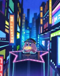  black_hat blue_eyes blush_stickers candy city commentary food full_body hat highres invincible_candy kirby kirby_(series) lollipop looking_at_viewer miclot neon_lights no_humans reflective_floor solo standing swirl_lollipop 