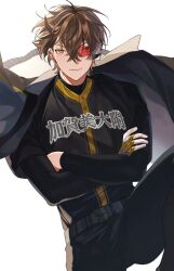  1boy barbell_piercing baseball_jersey belt black_belt black_pants black_shirt brown_hair closed_mouth clothes_writing commentary_request cowboy_shot crossed_arms crossed_bangs ear_piercing earrings gloves hair_between_eyes highres industrial_piercing jacket jacket_on_shoulders jersey jewelry kagami_hayato knee_up lips long_bangs long_sleeves looking_at_viewer male_focus nijisanji nijisanji_koshien pants piercing scouter shirt short_hair simple_background single_glove smile solo translation_request virtual_youtuber white_background white_jacket yellow_eyes yellow_gloves zmzm_hiji 