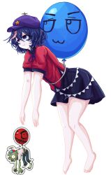  1girl :3 absurdres balloon balloon_zombie_(plants_vs._zombies) bare_legs barefoot black_skirt blue_hair closed_mouth commentary empty_eyes full_body hair_between_eyes hat hat_ornament highres jiangshi knees_together_feet_apart miniskirt miyako_yoshika nanaii_desu neck_ribbon newsboy_cap ofuda outstretched_arms plants_vs._zombies propeller_hat purple_hat red_shirt reference_inset ribbon shirt short_hair short_sleeves simple_background skirt smile solo star_(symbol) star_hat_ornament touhou violet_eyes white_background zombie zombie_pose 