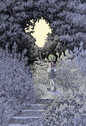  1girl backpack bag blonde_hair forest grass greyscale hatching_(texture) highres linear_hatching long_sleeves monochrome nature nigirizusi1 original outdoors plant pleated_skirt pointy_ears scenery skirt solo standing traditional_media wide_shot 