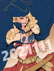  1boy 2021 armor belt birthday blonde_hair blue_cape brown_eyes cape dr._stone hair_between_eyes hand_up happy_birthday hat highres looking_at_viewer male_focus nanami_ryuusui ninomae_gin offering_hand_to_another open_mouth pauldrons pirate pirate_hat sharp_teeth short_hair shoulder_armor smile solo sword teeth weapon yellow_belt 
