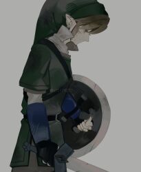  1boy a15179222 black_gloves blonde_hair earrings fingerless_gloves gloves green_hat green_tunic grey_background hair_between_eyes hat highres holding holding_shield holding_sword holding_weapon jewelry link male_focus parted_lips phrygian_cap pointy_ears scar scar_on_cheek scar_on_face shield shirt short_hair solo sword the_legend_of_zelda the_legend_of_zelda:_twilight_princess tunic twitter_username weapon white_shirt 