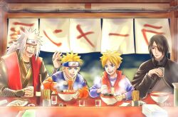  4boys black_cloak black_eyes black_hair blue_eyes blue_headband boruto:_naruto_next_generations bottle bowl chopsticks cloak closed_eyes cup eyepatch food glass headband highres holding holding_cup jacket jiraiya_(naruto) konohagakure_symbol male_focus matsu_(fu6ide2) multiple_boys naruto_(classic) naruto_(series) noodles official_alternate_costume orange_jacket ponytail ramen red_vest signature third-party_source time_paradox uchiha_sasuke uzumaki_boruto uzumaki_naruto vest white_hair 