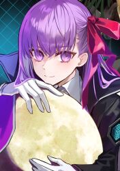  1girl bb_(fate) bb_(fate/extra) black_coat coat collared_shirt fate/grand_order fate_(series) gloves hair_ribbon highres long_hair long_sleeves looking_at_viewer moon neck_ribbon open_clothes open_coat popped_collar poppoman purple_hair red_ribbon ribbon shirt smile solo very_long_hair violet_eyes white_gloves white_shirt wide_sleeves 