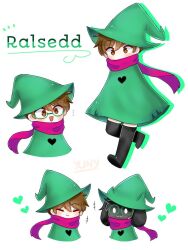  2boys black_fur blush brown_eyes brown_hair commentary cosplay crossover deltarune edd_(eddsworld) eddsworld english_commentary english_text furry furry_male glasses goat_boy green_hat hat heart horns male_focus multiple_boys multiple_views pink_scarf ralsei ralsei_(cosplay) ralsei_(hat) round_eyewear scarf short_hair simple_background smile utdr_(toby_fox) white_background yulazee 