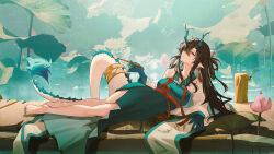  1girl absurdres alternate_costume arknights black_hair colored_skin commentary dragon_girl dragon_horns dragon_tail dusk_(arknights) earrings eastern_dragon_tail english_commentary green_hands green_horns green_skin hair_over_one_eye highres horns jewelry looking_to_the_side okfin3_(sogoodman4396) pointy_ears red_eyes tail tail_ornament tail_ring tassel tassel_earrings 