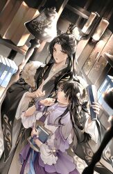  1boy 1girl absurdres bell black_hair black_hanfu black_robe black_sash blue_eyes blunt_bangs blurry blurry_foreground blush book bookshelf braid cabinet chinese_clothes chinese_commentary closed_mouth commentary_request cowboy_shot curtained_hair dress flower fur-trimmed_robe fur_trim glint hair_flower hair_ornament half_updo hand_to_own_mouth hanfu height_difference highres holding holding_book hua_yi_shanxin_zhiyue index_finger_raised indoors ladder long_hair looking_at_another open_mouth parted_bangs pinstripe_dress pinstripe_pattern purple_dress purple_wrist_cuffs robe sash side-by-side side_braid sideways_glance smile standing tassel the_princess_(hua_yi_shanxin_zhiyue) three-quarter_sleeves two-tone_dress waist_sash wangulongdong white_dress wide_sleeves wrist_cuffs xiao_guan_(headdress) xuan_wangjun yellow_eyes yellow_flower 