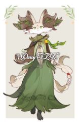  1girl :3 alternate_color alternate_shiny_pokemon animal_ears belt border brown_fur chinese_commentary commentary_request commission delphox dress flower fox_ears fox_girl full_body furry furry_female green_background green_dress green_eyes highres holding holding_stick kamier586 leaf original pentacle pentagram pentagram_necklace pokemon pokemon_(creature) pokemon_focus simple_background solo standing stick watermark white_border yellow_flower 