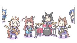  6+girls ahoge animal_ears annotated aoyama_yoshino bass_guitar black_hair black_shorts blue_eyes blue_hair blue_jacket blunt_bangs bocchi_the_rock! bow bowtie chibi chibi_only commentary crossover cymbals drum drum_set drumsticks ear_ornament electric_guitar fender_jazz_bass gibson_les_paul godolphin_barb_(umamusume) green_eyes grey_hairband guitar gym_shorts hair_between_eyes hair_intakes hair_ornament hairband hasegawa_ikumi hikasa_youko holding holding_bass_guitar holding_drumsticks holding_guitar holding_instrument horse_ears horse_girl horse_tail huge_ahoge instrument inuken_(nicoseiga917125) jacket k-on! kessoku_band long_eyebrows long_hair mihono_bourbon_(umamusume) multicolored_hair multiple_girls no_mouth orfevre_(umamusume) playing_drum purple_sailor_collar sailor_collar satono_crown_(umamusume) satou_satomi school_uniform shorts side_ponytail suzushiro_sayumi tail tracen_school_uniform track_jacket tsurumaru_tsuyoshi_(umamusume) two-tone_hair umamusume v-shaped_eyebrows voice_actor_connection white_background white_bow white_bowtie white_hair yamada_ryo 
